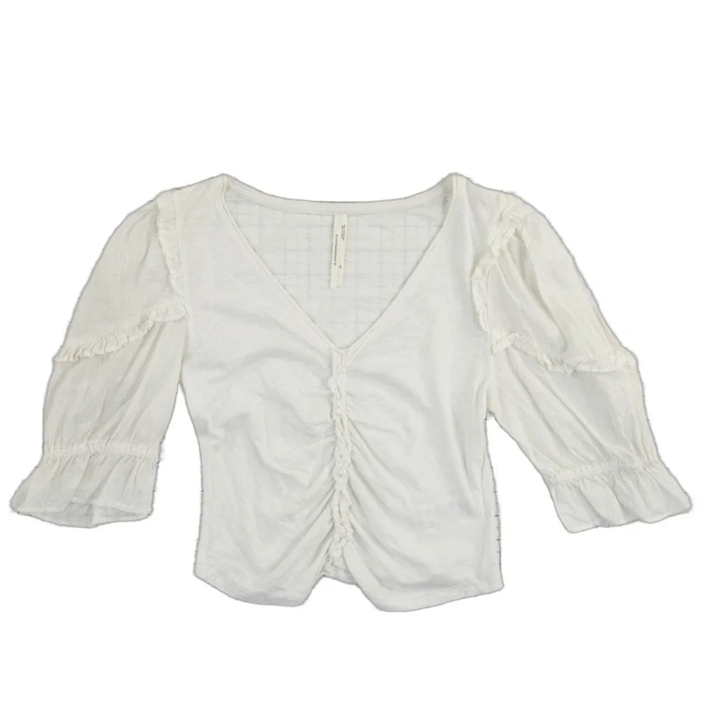 Anthropologie‎ Top Women's Size XS White Ruched V Neck Puff Sleeve Ruffle Shirt